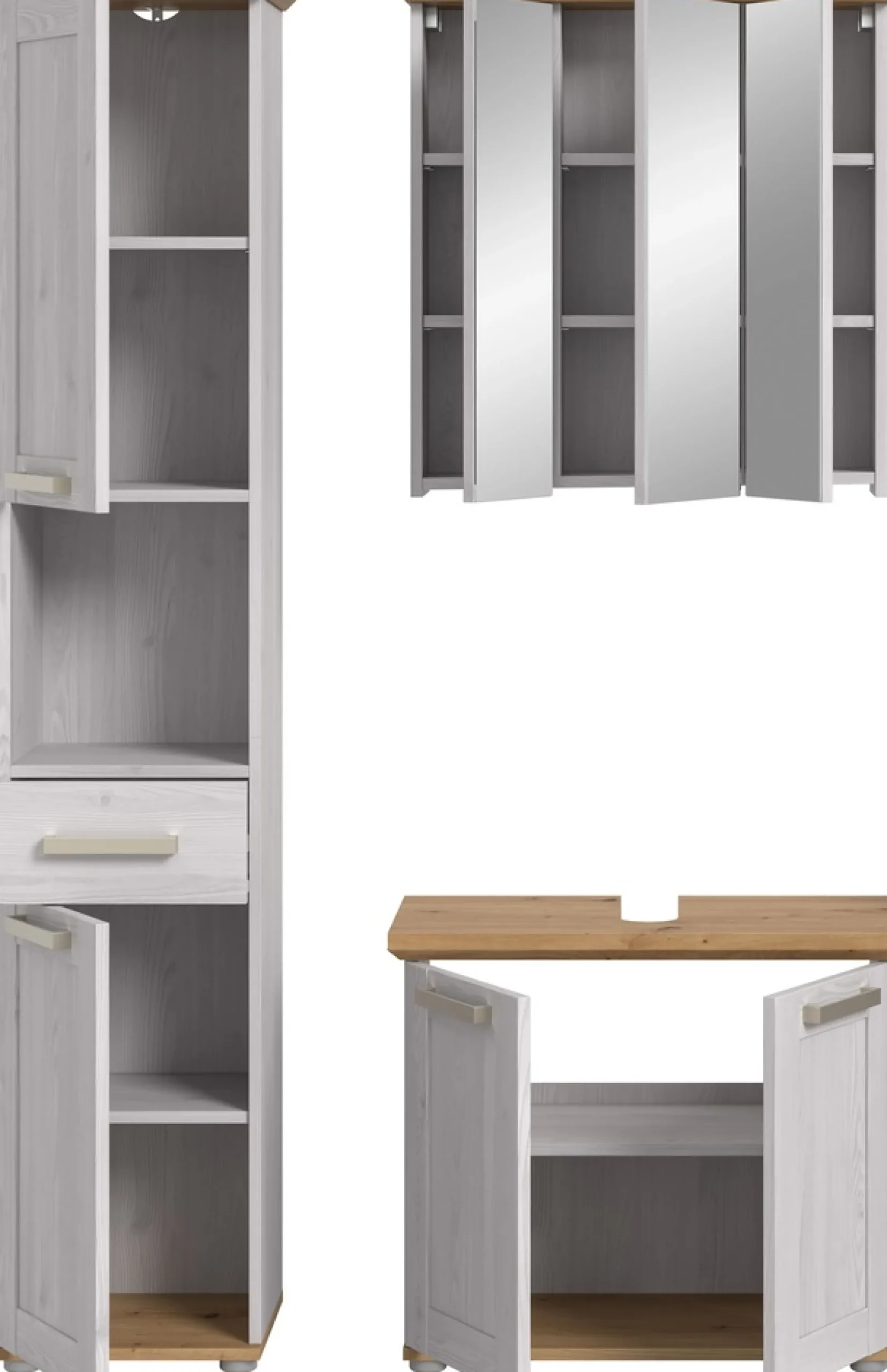 welltime Badmöbel-Set »COSENZA, 3-teilig, in Landhausoptik, mit farblich abgesetztem Kranz« best. aus: Hochschrank, Spiegelschrank und Waschbeckenunterschrank, 3 Stk. tlg.