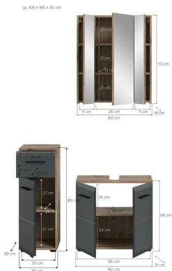 welltime Badmöbel-Set »FLORENZ,3-teilige Badkombination, hochwertige MDF-Front« best. aus: 1 Unterschrank, 1 Waschbeckenunterschrank, 1 Spiegelschrank,