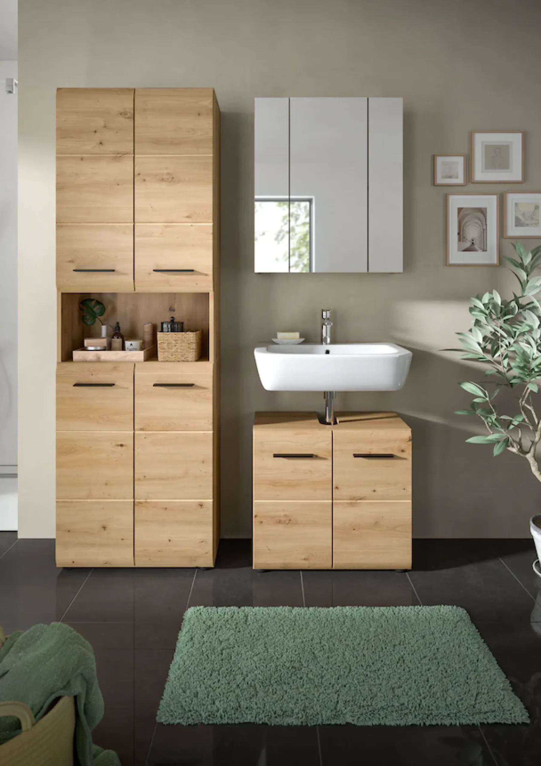 welltime Badmöbel-Set »FLORENZ,3-teilige Badkombination, hochwertige MDF-Front« Set, best. aus: 1 Hochschrank, 1Waschbeckenunterschrank, 1 Spiegelschrank, 3 Stk. tlg.