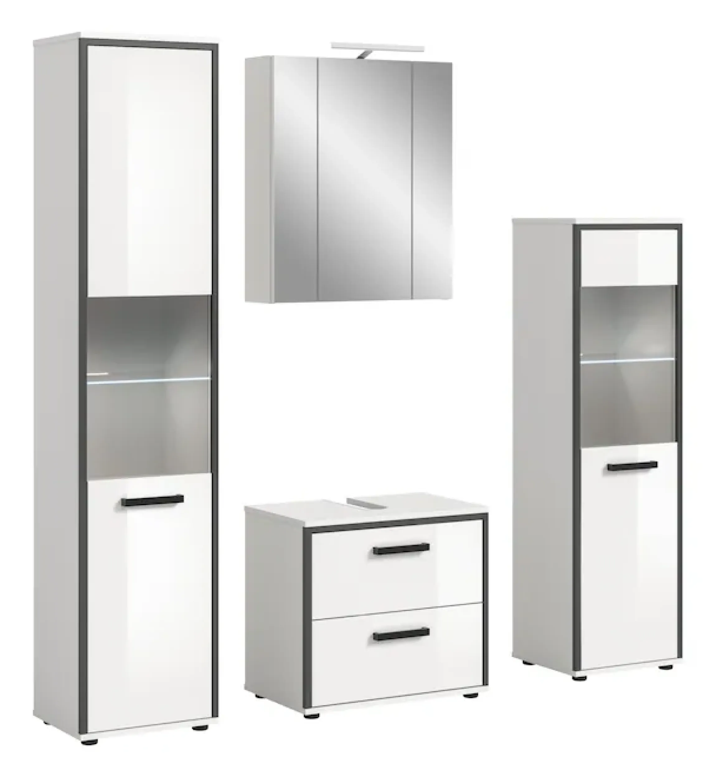 welltime Badmöbel-Set »KAJO, 4-tlg. Badkombination, weiß hochglanz inkl.Beleuchtung« Set, Set, best. aus:Hochschrank,Midischrank,WBU,Spiegelschrank,Beleuchtung, 7 Stk. tlg.
