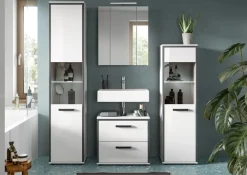 welltime Badmöbel-Set »KAJO, 4-tlg. Badkombination, weiß hochglanz inkl.Beleuchtung« Set, Set, best. aus:Hochschrank,Midischrank,WBU,Spiegelschrank,Beleuchtung, 7 Stk. tlg.