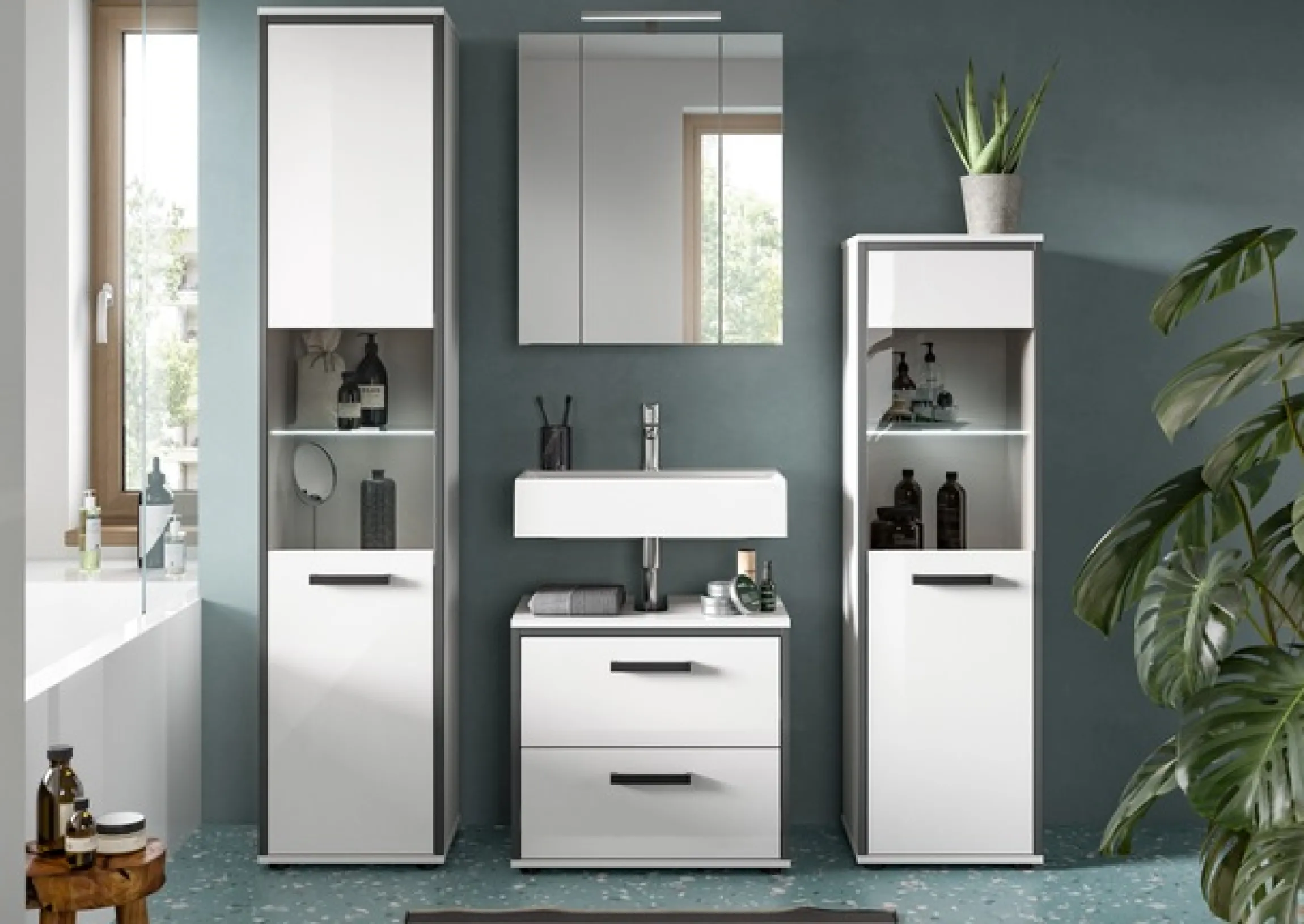 welltime Badmöbel-Set »KAJO, 4-tlg. Badkombination, weiß hochglanz inkl.Beleuchtung« Set, Set, best. aus:Hochschrank,Midischrank,WBU,Spiegelschrank,Beleuchtung, 7 Stk. tlg.