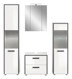 welltime Badmöbel-Set »KAJO, 4-tlg. Badkombination, weiß hochglanz inkl.Beleuchtung« Set, Set, best. aus:Hochschrank,Midischrank,WBU,Spiegelschrank,Beleuchtung, 7 Stk. tlg.