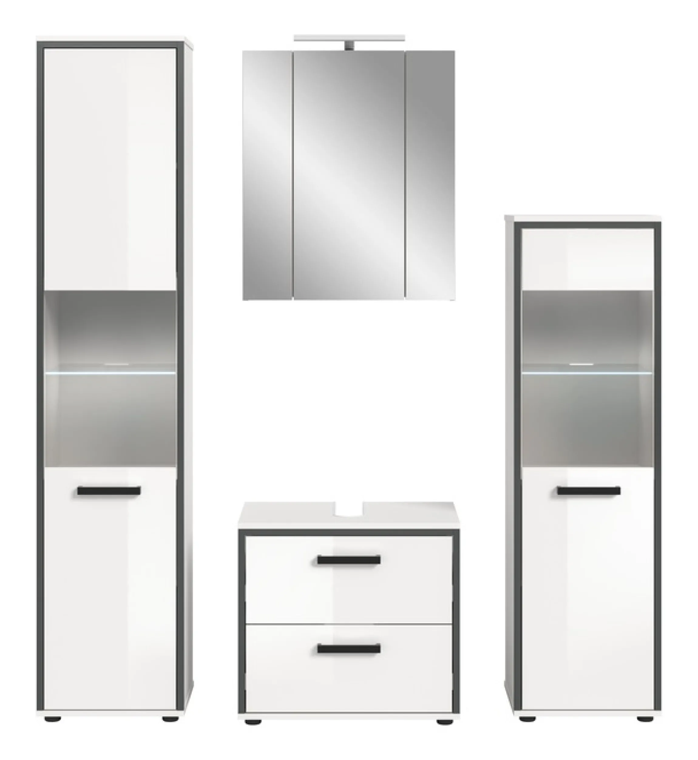 welltime Badmöbel-Set »KAJO, 4-tlg. Badkombination, weiß hochglanz inkl.Beleuchtung« Set, Set, best. aus:Hochschrank,Midischrank,WBU,Spiegelschrank,Beleuchtung, 7 Stk. tlg.
