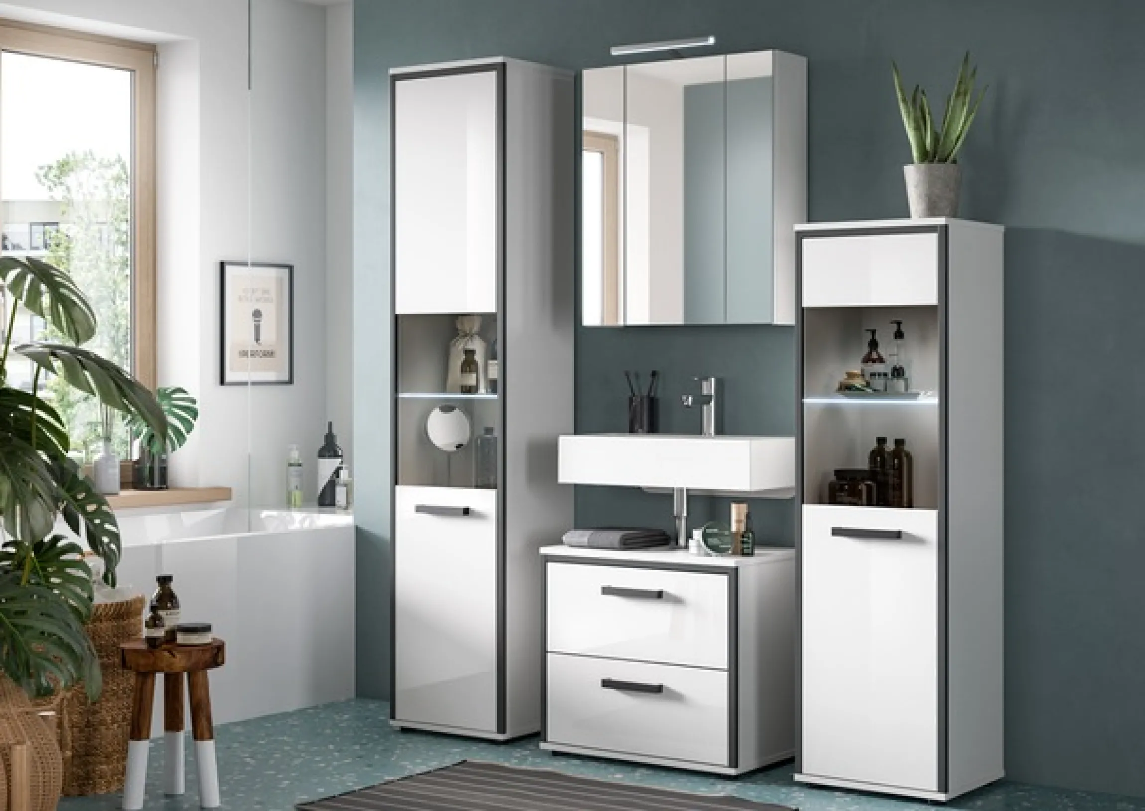 welltime Badmöbel-Set »KAJO, 4-tlg. Badkombination, weiß hochglanz inkl.Beleuchtung« Set, Set, best. aus:Hochschrank,Midischrank,WBU,Spiegelschrank,Beleuchtung, 7 Stk. tlg.