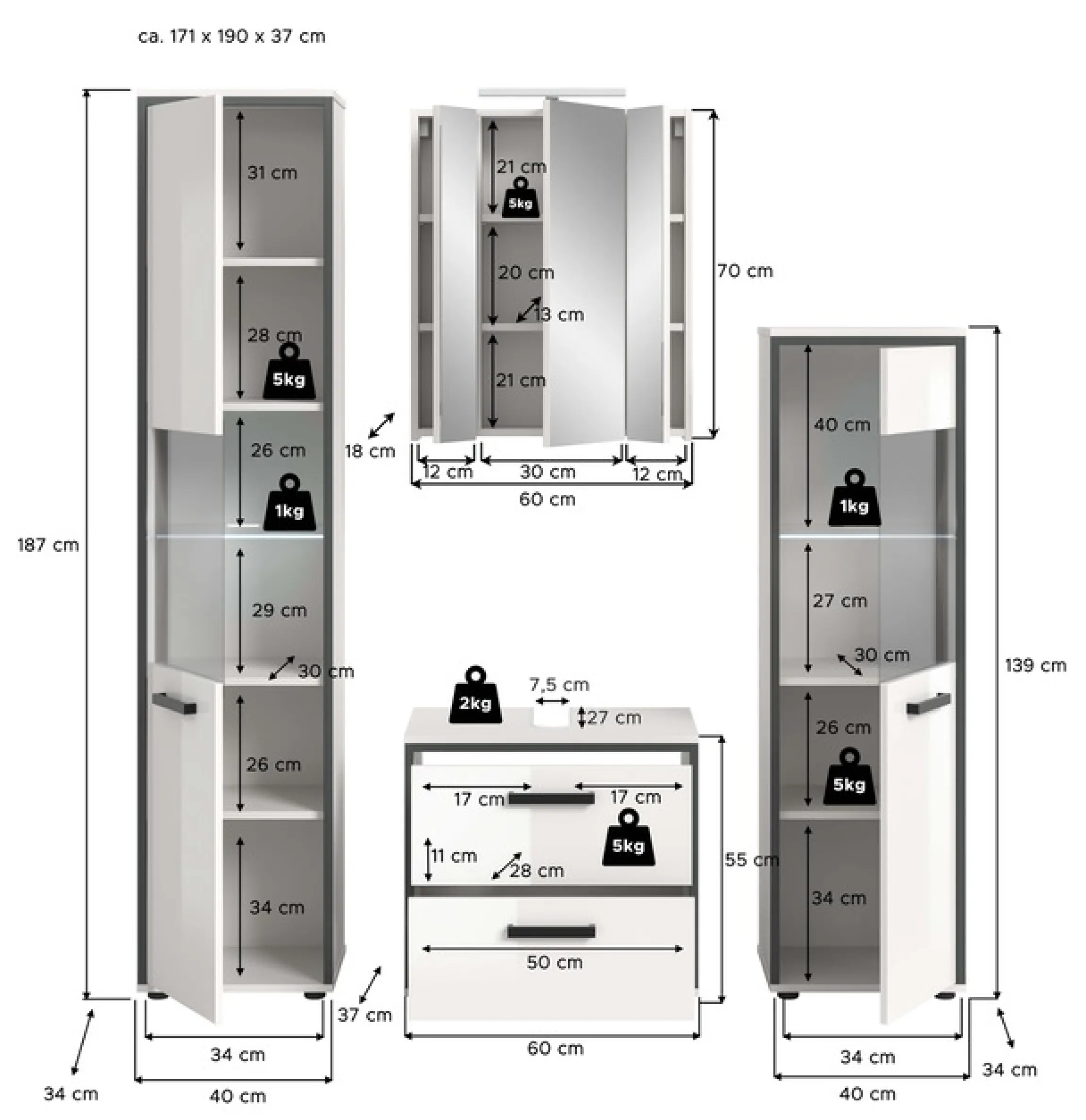 welltime Badmöbel-Set »KAJO, 4-tlg. Badkombination, weiß hochglanz inkl.Beleuchtung« Set, Set, best. aus:Hochschrank,Midischrank,WBU,Spiegelschrank,Beleuchtung, 7 Stk. tlg.
