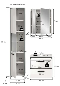 welltime Badmöbel-Set »KAJO, 3-tlg. Badkombination, weiß hochglanz« Set, Set, best. aus:1Hochschrank,1Spiegelschrank,1Waschbeckenunterschrank, 3 Stk. tlg.
