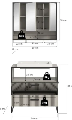 welltime Badmöbel-Set »Locri, Breite 80 cm, Rillenoptik, Metallkufen« 2 Stk. tlg.