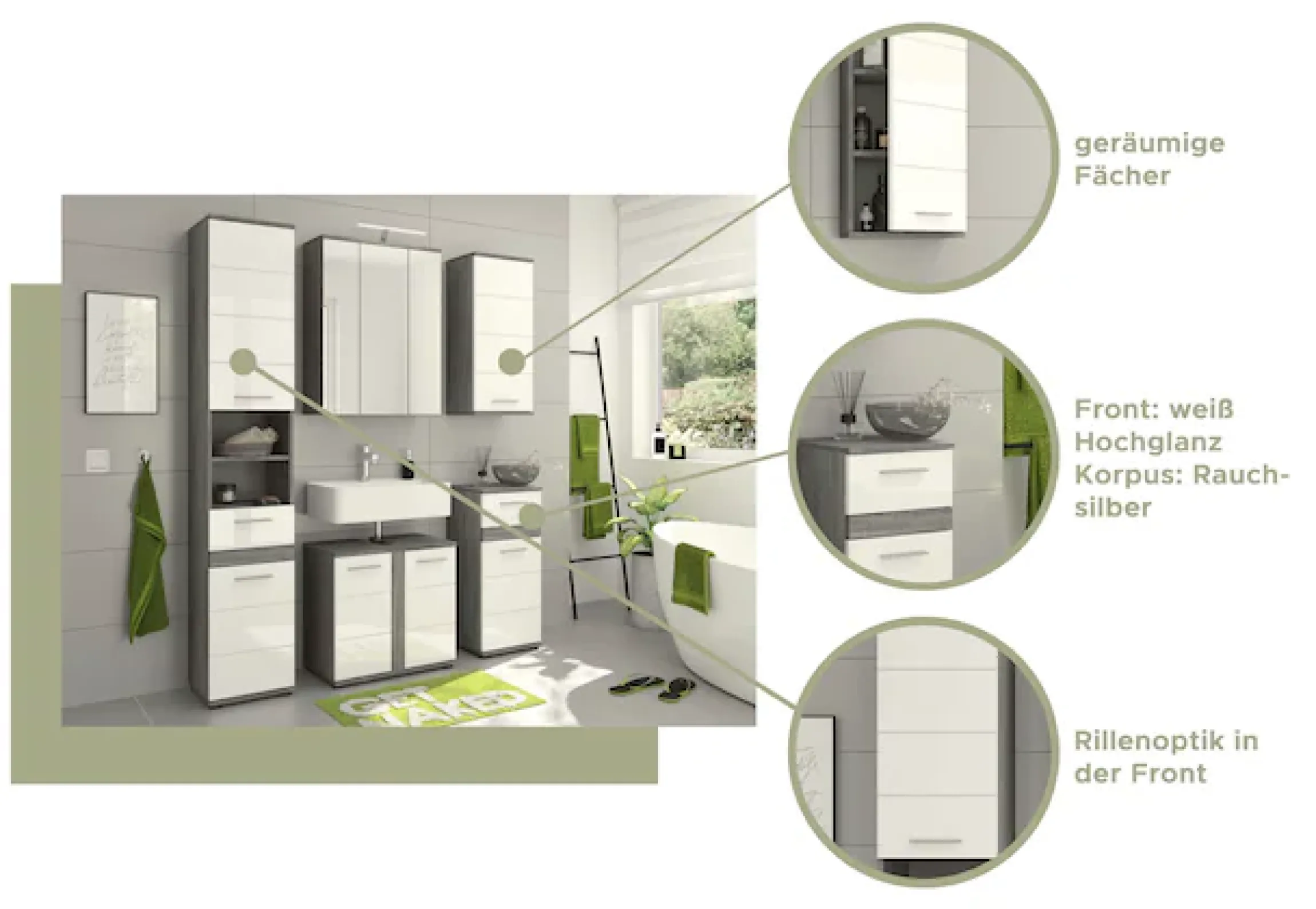 welltime Badmöbel-Set »LUCCA, 4-teilig, MDF Hochglanzfront, bestehend aus:« Set, 4 Stk. tlg.