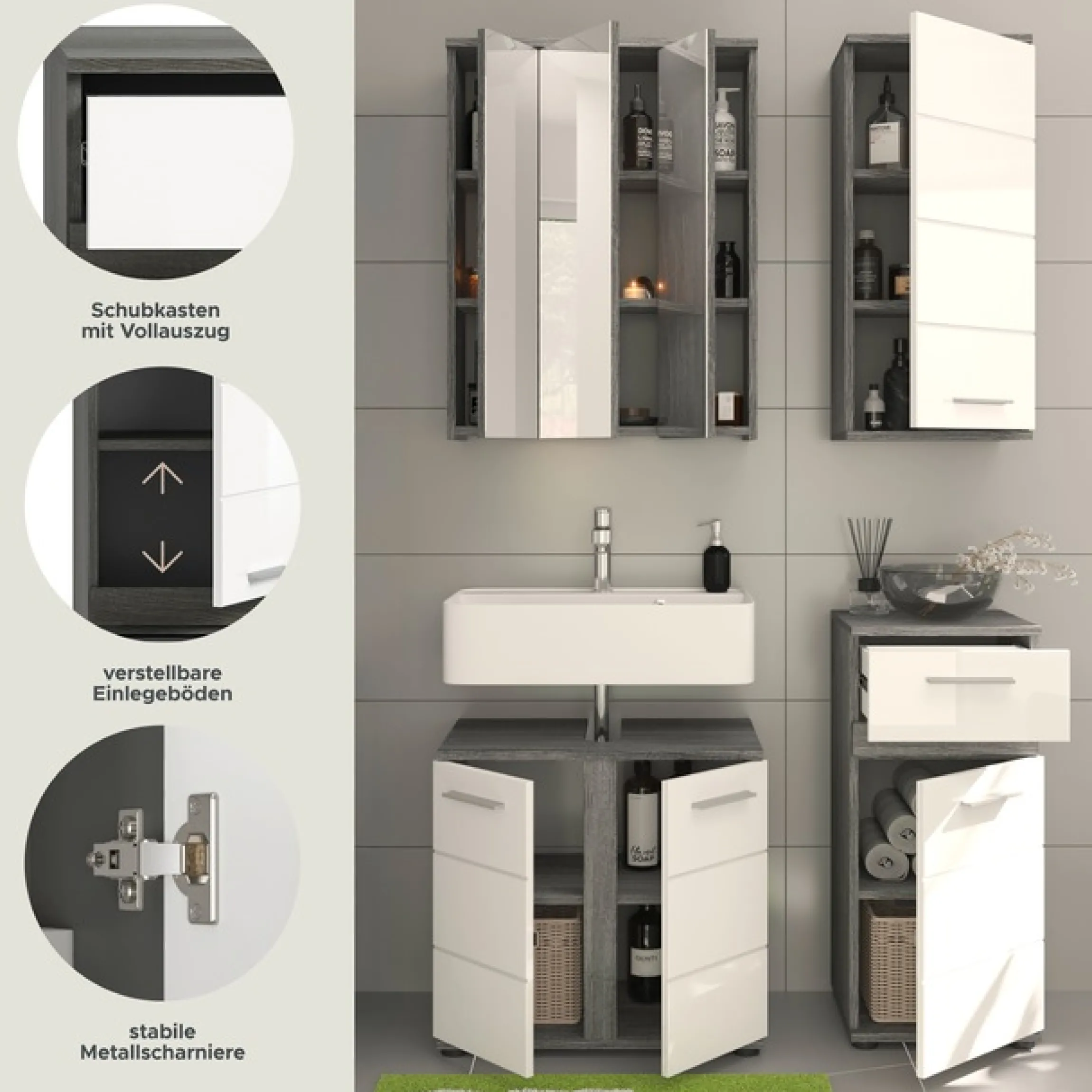 welltime Badmöbel-Set »LUCCA, 4-teilig, MDF Hochglanzfront, bestehend aus:« Set, 4 Stk. tlg.