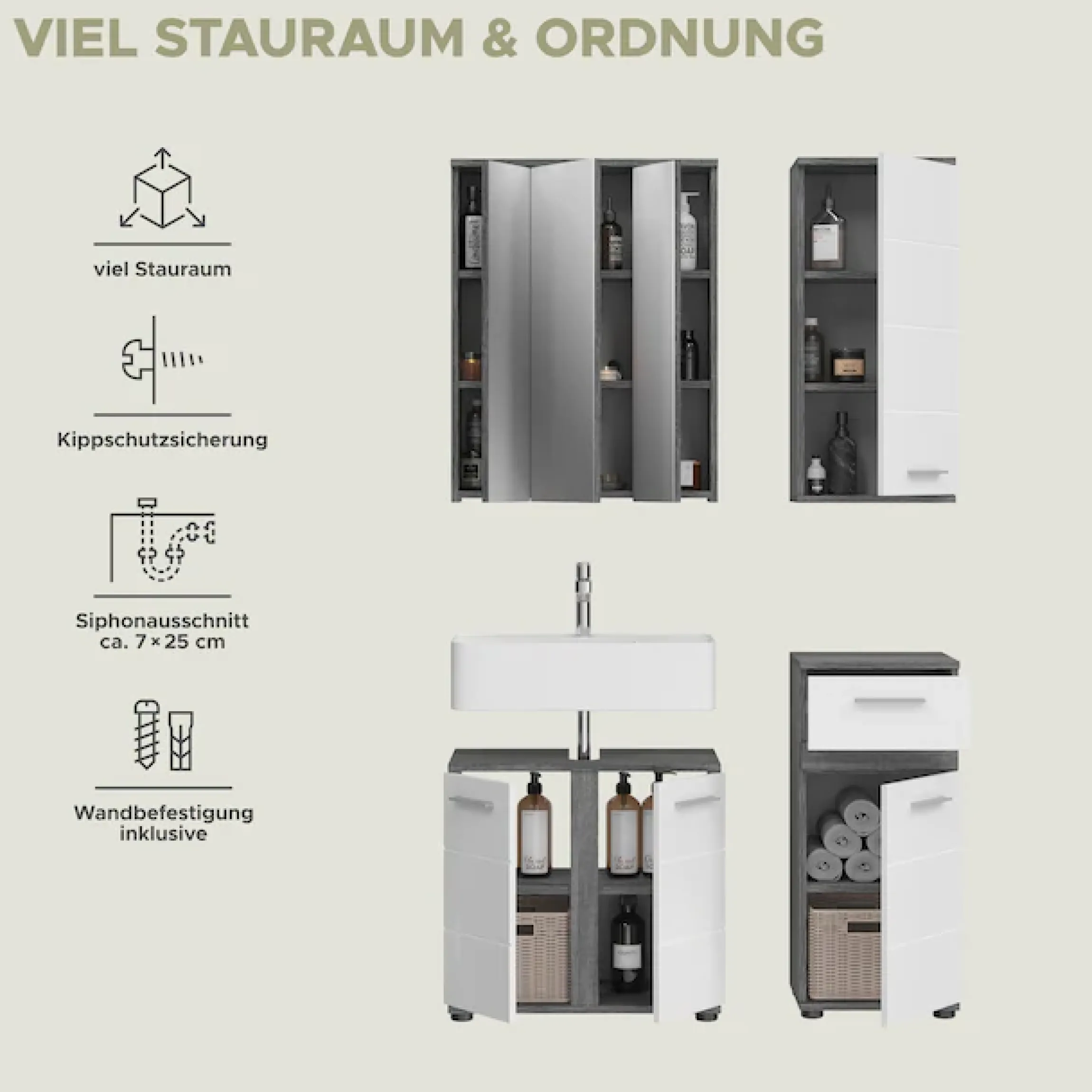 welltime Badmöbel-Set »LUCCA, 4-teilig, MDF Hochglanzfront, bestehend aus:« Set, 4 Stk. tlg.