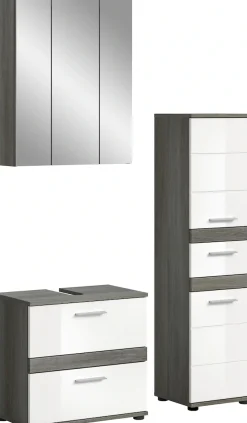 welltime Badmöbel-Set »LUCCA, 3-teilig, hochwertige MDF Front« Set, best. aus: Waschbeckenunterschrank, Spiegelschrank, Hochschrank, 3 Stk. tlg.