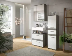 welltime Badmöbel-Set »LUCCA, 3-teilig, hochwertige MDF Front« Set, best. aus: Waschbeckenunterschrank, Spiegelschrank, Hochschrank, 3 Stk. tlg.