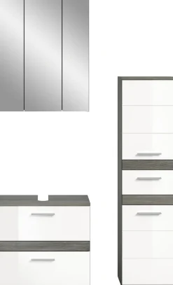 welltime Badmöbel-Set »LUCCA, 3-teilig, hochwertige MDF Front« Set, best. aus: Waschbeckenunterschrank, Spiegelschrank, Hochschrank, 3 Stk. tlg.