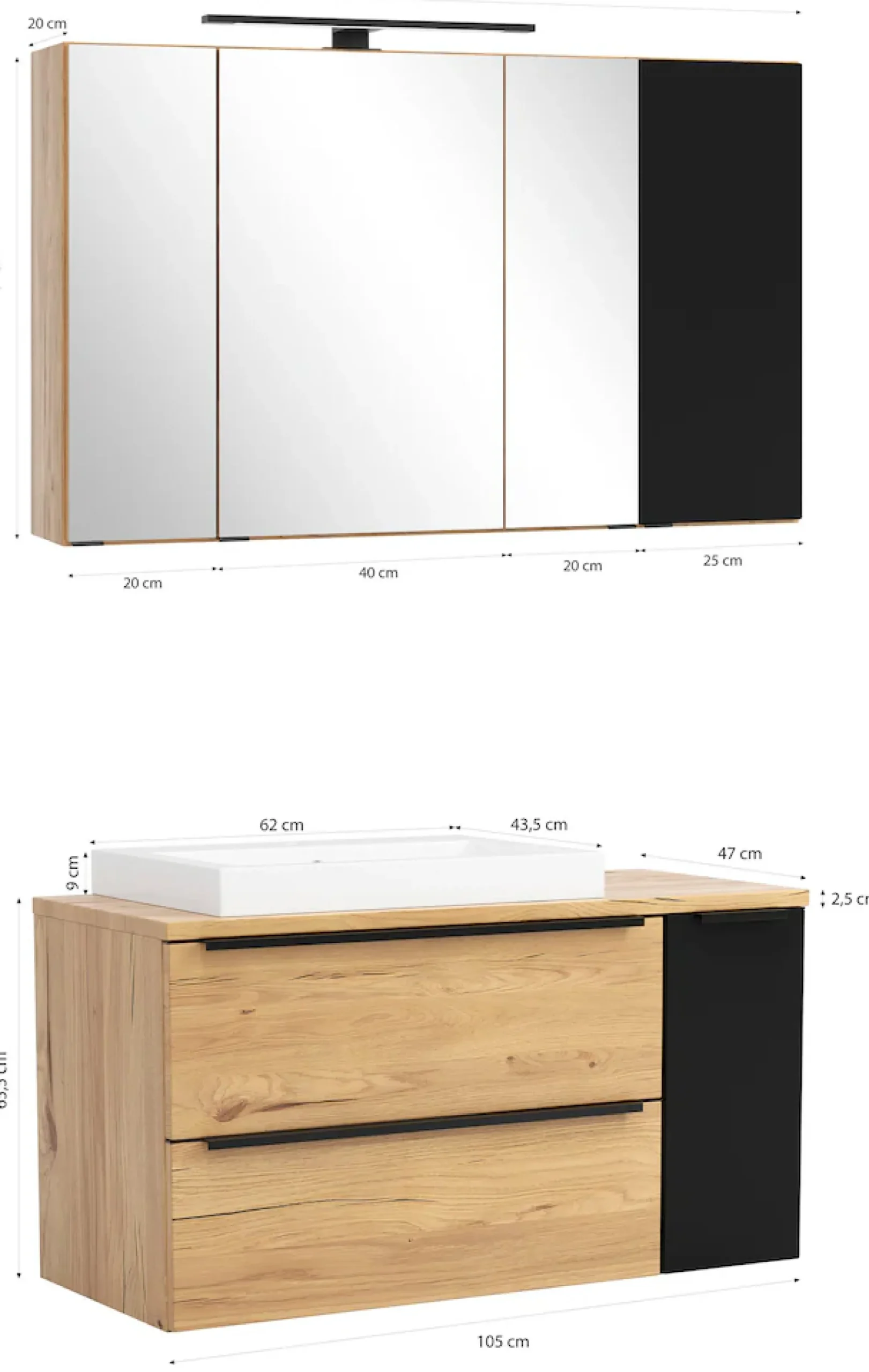 welltime Badmöbel-Set »MAILAND, 2 Metall-Vollauszüge mit Softclose« Maße (B/H/T): ca. 105/200/47 cm,
