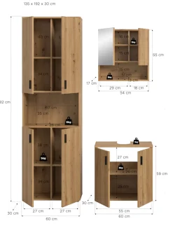 welltime Badmöbel-Set »MANI, 3-tlg. Badkombination, Paneeloptik« Set, Set, best. aus: 1Hochschrank,1Waschbeckenunterschrank,1Spiegelschrank, 3 Stk. tlg.