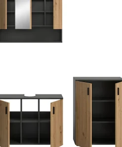 welltime Badmöbel-Set »MANI, 3-tlg. Badkombination, Paneeloptik« Set, Set, best, aus: 1Badschrank,1Spiegelschrank,1Waschbeckenunterschrank, 3 Stk. tlg.