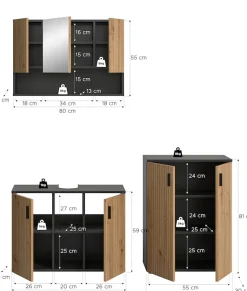 welltime Badmöbel-Set »MANI, 3-tlg. Badkombination, Paneeloptik« Set, Set, best, aus: 1Badschrank,1Spiegelschrank,1Waschbeckenunterschrank, 3 Stk. tlg.