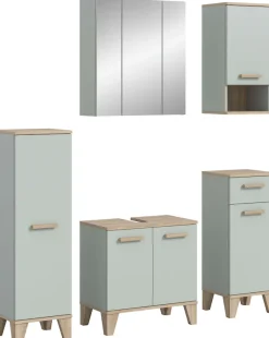 welltime Badmöbel-Set »MINTTU, 5-teilige moderne Badkombi im SCANDI-Look, inkl. Beleuchtung« bestehend aus: 2x Midischrank, WBU, Spiegelschrank, Hängeschrank, 5 Stk. tlg.