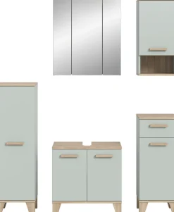 welltime Badmöbel-Set »MINTTU, 5-teilige moderne Badkombi im SCANDI-Look, inkl. Beleuchtung« bestehend aus: 2x Midischrank, WBU, Spiegelschrank, Hängeschrank, 5 Stk. tlg.