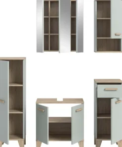 welltime Badmöbel-Set »MINTTU, 5-teilige moderne Badkombi im SCANDI-Look, inkl. Beleuchtung« bestehend aus: 2x Midischrank, WBU, Spiegelschrank, Hängeschrank, 5 Stk. tlg.