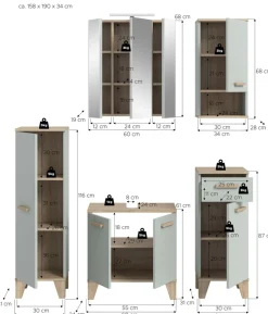 welltime Badmöbel-Set »MINTTU, 5-teilige moderne Badkombi im SCANDI-Look, inkl. Beleuchtung« bestehend aus: 2x Midischrank, WBU, Spiegelschrank, Hängeschrank, 5 Stk. tlg.