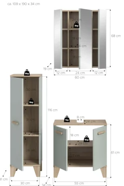 welltime Badmöbel-Set »MINTTU, 3-teilige moderne Badkombination im SCANDI-Look« bestehend aus: Midischrank, Waschbeckenunterschrank & Spiegelschrank, 3 Stk. tlg.