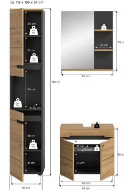 welltime Badmöbel-Set »REHAT, 3-teilig, Breite 116 cm, mit grifflosen Fronten, bestehend aus:« 3 Stk. tlg.