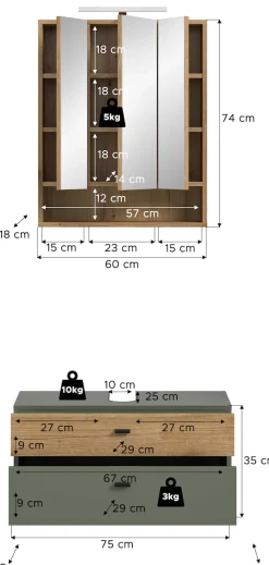 welltime Badmöbel-Set »VANN, 2-teilige moderne Badkombination, inkl. Beleuchtung« 1x Waschbeckenunterschrank, 1x Spiegelschrank inkl. Beleuchtung, 2 Stk. tlg.