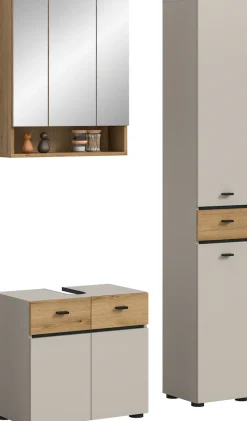 welltime Badmöbel-Set »VANN, 3-teilige moderne Badkombination, individuell stellbar« 1x Waschbeckenunterschrank, 1x Spiegelschrank, 1x Hochschrank, 3 Stk. tlg.