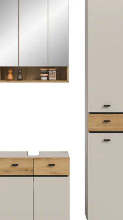 welltime Badmöbel-Set »VANN, 3-teilige moderne Badkombination, individuell stellbar« 1x Waschbeckenunterschrank, 1x Spiegelschrank, 1x Hochschrank, 3 Stk. tlg.