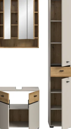 welltime Badmöbel-Set »VANN, 3-teilige moderne Badkombination, individuell stellbar« 1x Waschbeckenunterschrank, 1x Spiegelschrank, 1x Hochschrank, 3 Stk. tlg.