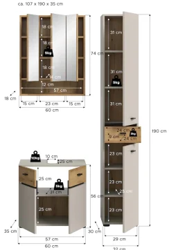 welltime Badmöbel-Set »VANN, 3-teilige moderne Badkombination, individuell stellbar« 1x Waschbeckenunterschrank, 1x Spiegelschrank, 1x Hochschrank, 3 Stk. tlg.
