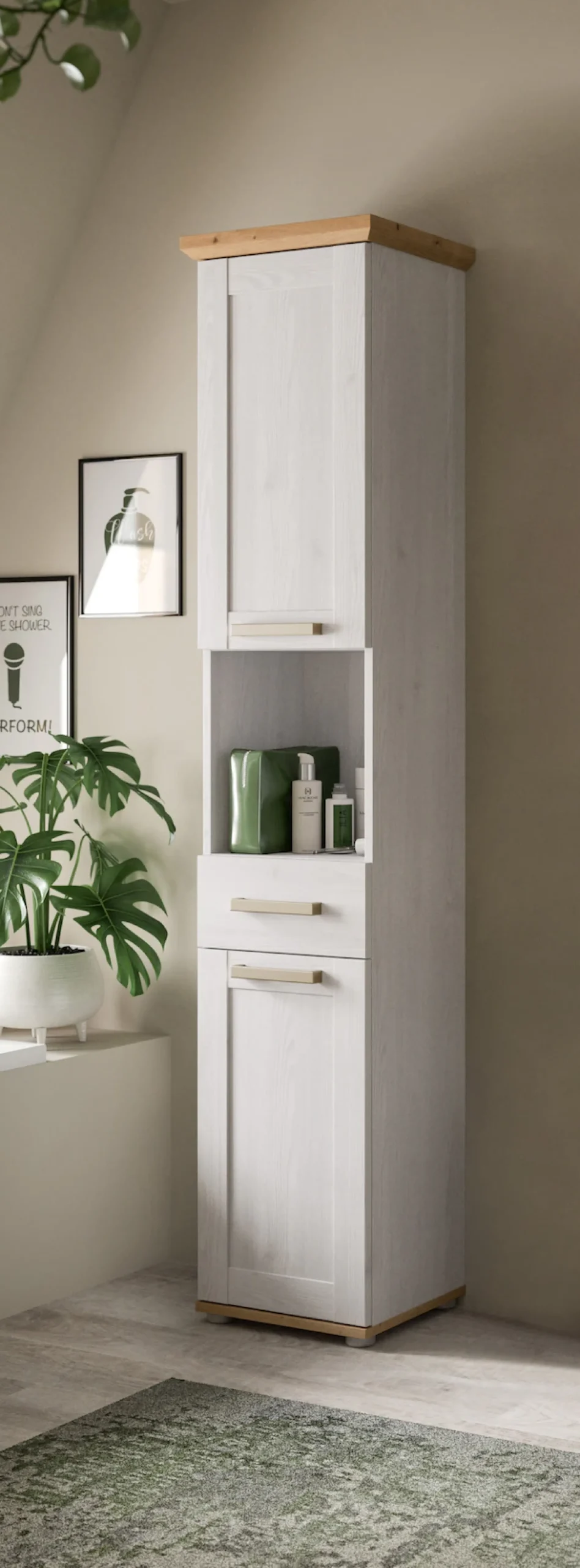 welltime Hochschrank »COSENZA, Höhe 187cm, 2 Türen, 1 Schubkasten, 1 offenes Fach« in Landhausoptik, mit weiteren Artikel der Serie kombinierbar, 1 Stk. tlg. Hochschrank, Bad, Badezimmerschrank