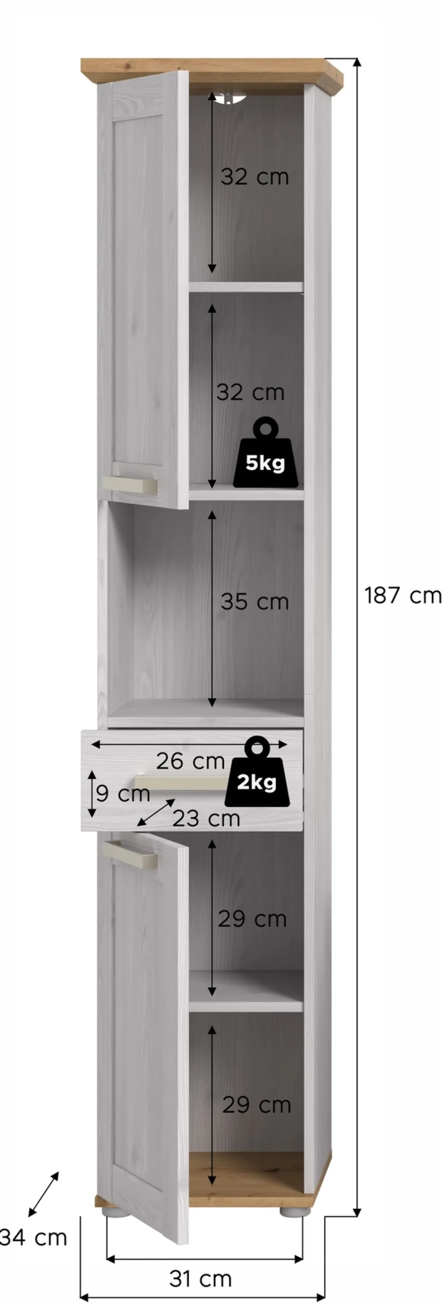 welltime Hochschrank »COSENZA, Höhe 187cm, 2 Türen, 1 Schubkasten, 1 offenes Fach« in Landhausoptik, mit weiteren Artikel der Serie kombinierbar, 1 Stk. tlg. Hochschrank, Bad, Badezimmerschrank