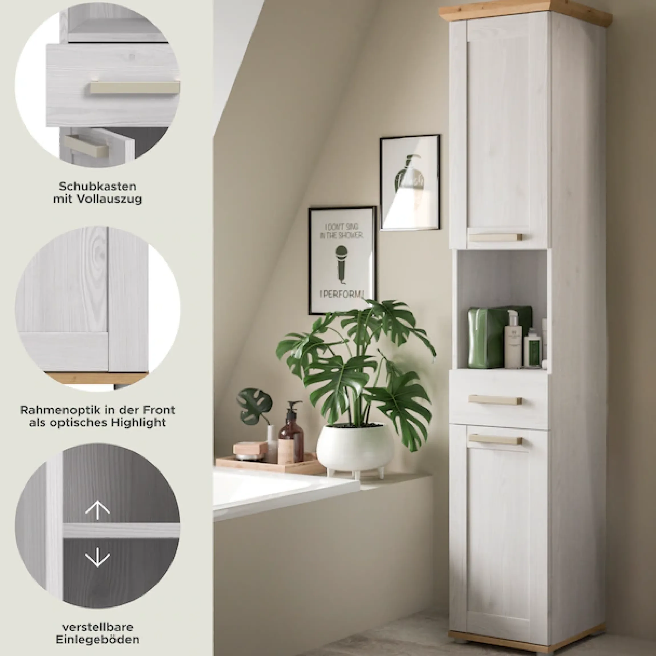 welltime Hochschrank »COSENZA, Höhe 187cm, 2 Türen, 1 Schubkasten, 1 offenes Fach« in Landhausoptik, mit weiteren Artikel der Serie kombinierbar, 1 Stk. tlg. Hochschrank, Bad, Badezimmerschrank