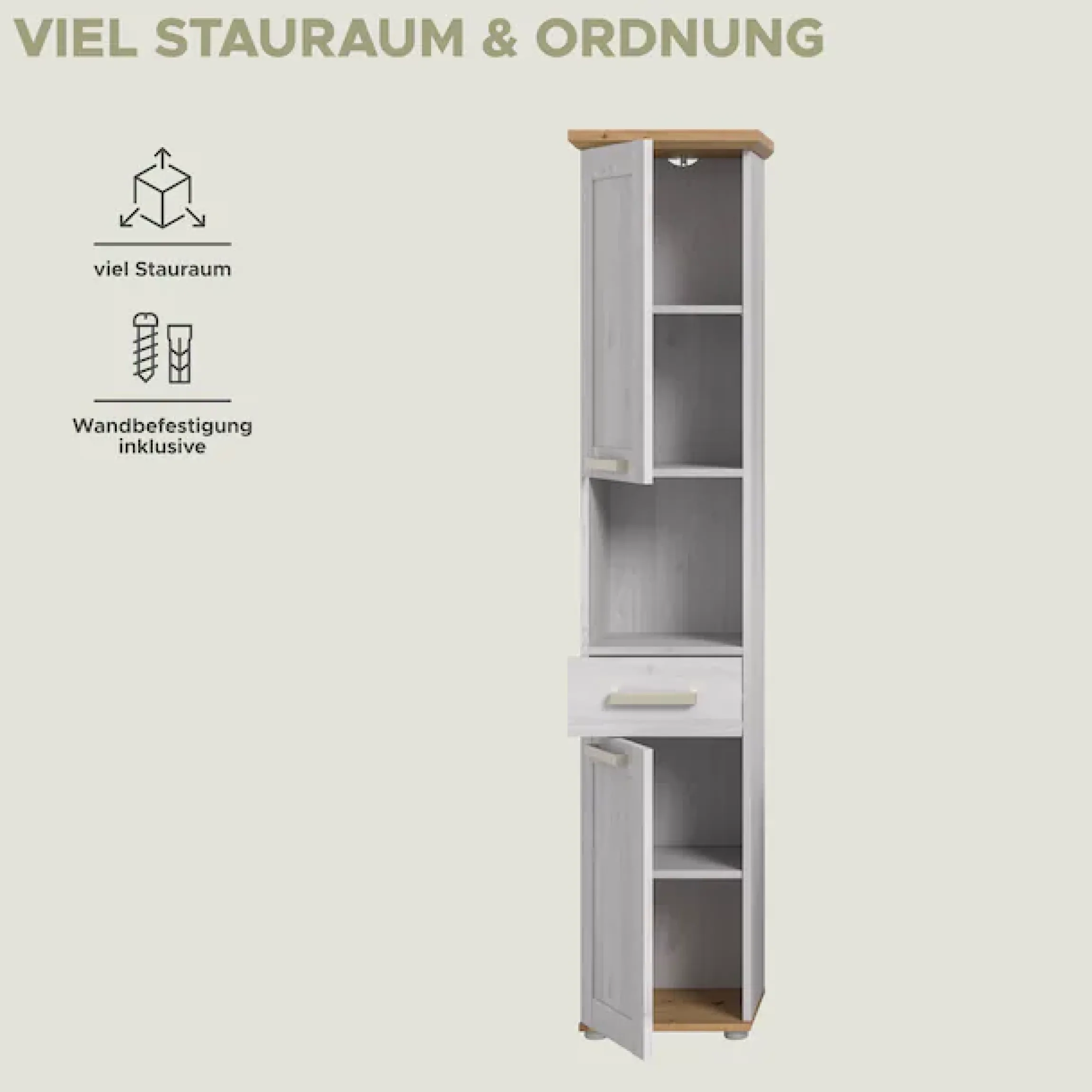 welltime Hochschrank »COSENZA, Höhe 187cm, 2 Türen, 1 Schubkasten, 1 offenes Fach« in Landhausoptik, mit weiteren Artikel der Serie kombinierbar, 1 Stk. tlg. Hochschrank, Bad, Badezimmerschrank