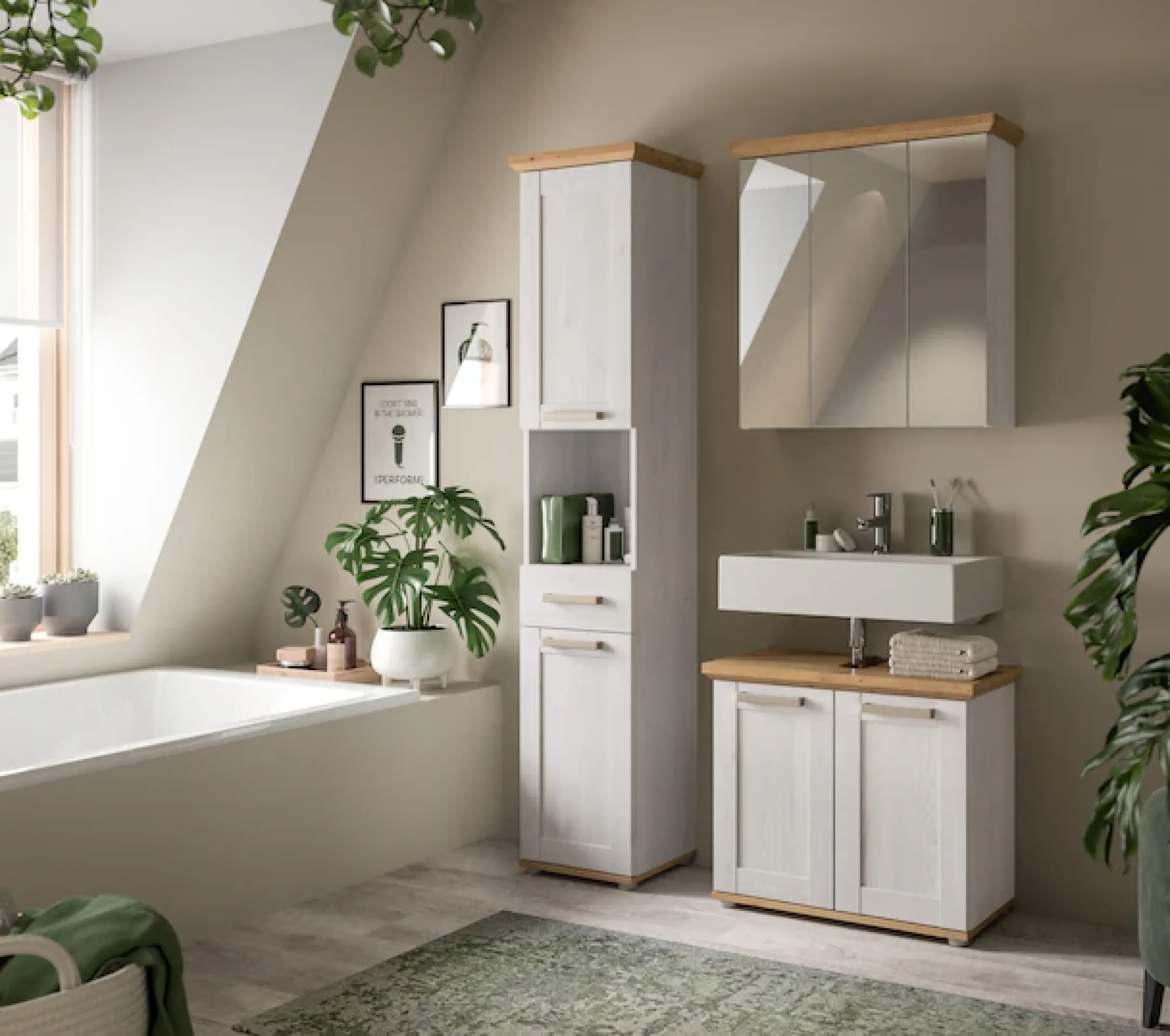 welltime Hochschrank »COSENZA, Höhe 187cm, 2 Türen, 1 Schubkasten, 1 offenes Fach« in Landhausoptik, mit weiteren Artikel der Serie kombinierbar, 1 Stk. tlg. Hochschrank, Bad, Badezimmerschrank