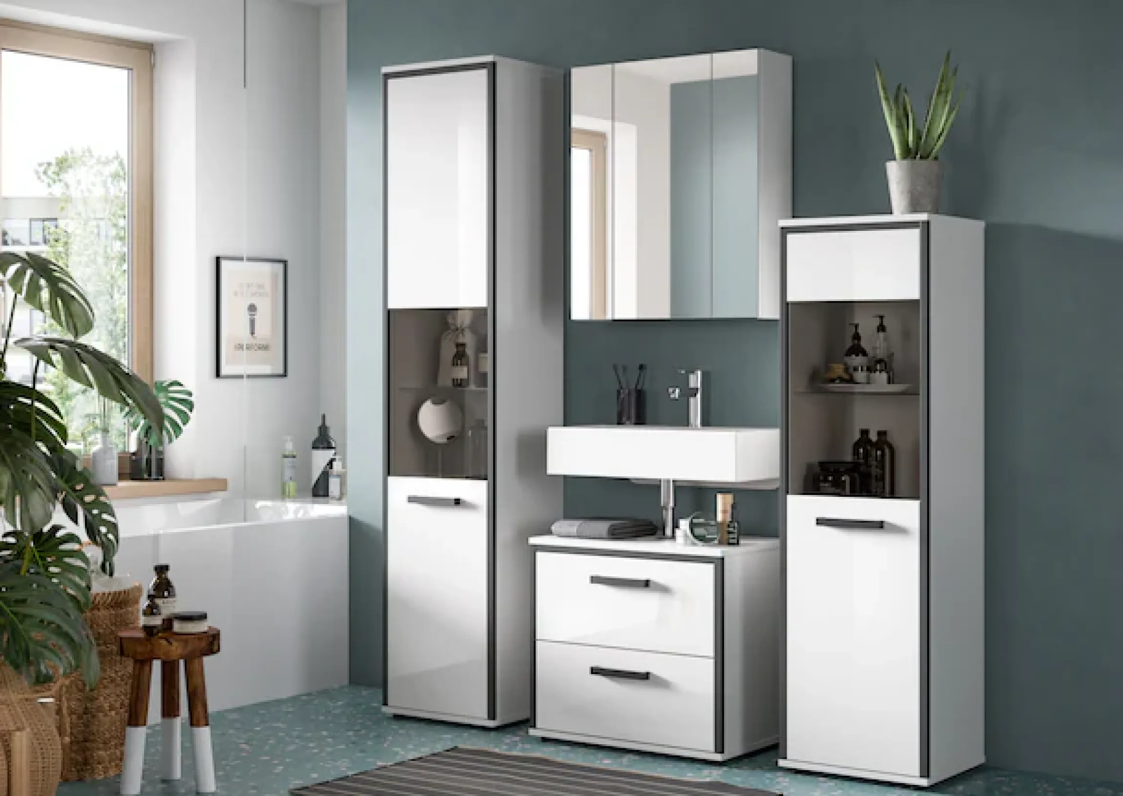 welltime Hochschrank »KAJO, hochglanz Front, Glastür, 1 Glas Einlegeboden, 6 Fächer« 1 Stk. tlg. Badschrank, Hochschrank, Bad, Badezimmer