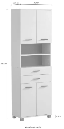 welltime Hochschrank »Palermo, Made in Germany« Breite 60 cm, verstellbare Einlegeböden, Metallgriffe