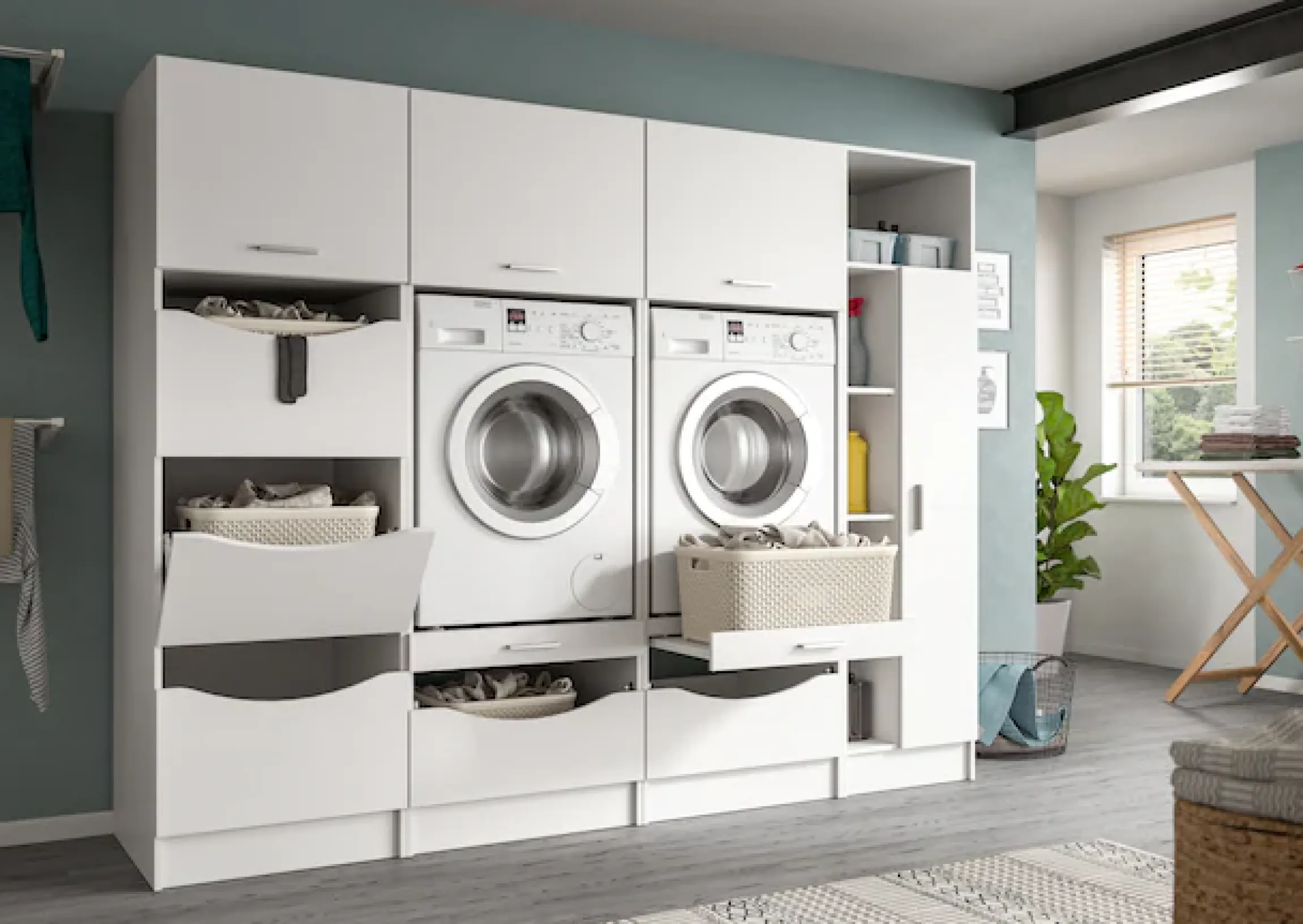 welltime Mehrzweckschrank-Set »FALAS,4-teilig, Hauswirtschaftsraum Set, Breite 242 cm« 2x Waschmaschinenumbauschrank, 1x Wäscheschrank & 1x Mehrzweckschrank,