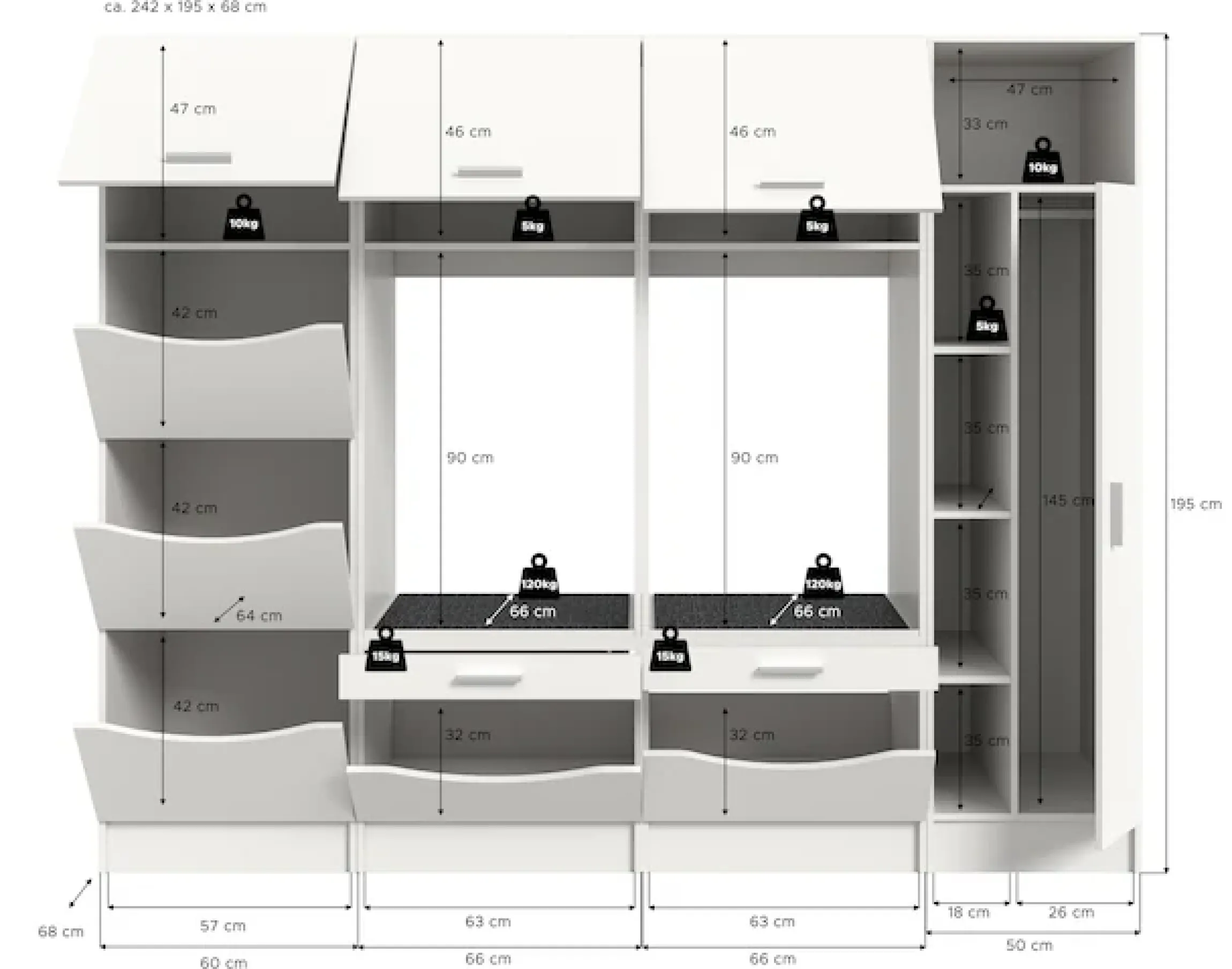 welltime Mehrzweckschrank-Set »FALAS,4-teilig, Hauswirtschaftsraum Set, Breite 242 cm« 2x Waschmaschinenumbauschrank, 1x Wäscheschrank & 1x Mehrzweckschrank,