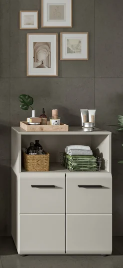 welltime Midischrank »FLORENZ,Breite 60 cm, 2 Türen, 1 Fachboden, 1 offene Fach« TOPSELLER!, 1 Stk. tlg. hochwertige MDF Front, Griff schwarz, Badschrank, Bad