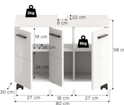welltime Waschbeckenunterschrank »AVON, Breite 80 cm, 3 Türen, 3 Einlegböden, 6 Fächer« mit Siphonausschnitt 22x8 cm, Rückwand mit Ausschitt,Badmöbel, Badschrank, Unterschrank, Waschtisch, Kommode, Bad