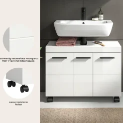 welltime Waschbeckenunterschrank »AVON, Breite 80 cm, 3 Türen, 3 Einlegböden, 6 Fächer« mit Siphonausschnitt 22x8 cm, Rückwand mit Ausschitt,Badmöbel, Badschrank, Unterschrank, Waschtisch, Kommode, Bad