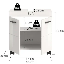 welltime Waschbeckenunterschrank »AVON, Breite 60 cm, 2 Türen, 1 Einlegboden, 2 Fächer« mit Siphonausschnitt 22x8 cm, Rückwand mit Ausschitt,Badmöbel, Badschrank, Unterschrank, Waschtisch, Kommode, Bad