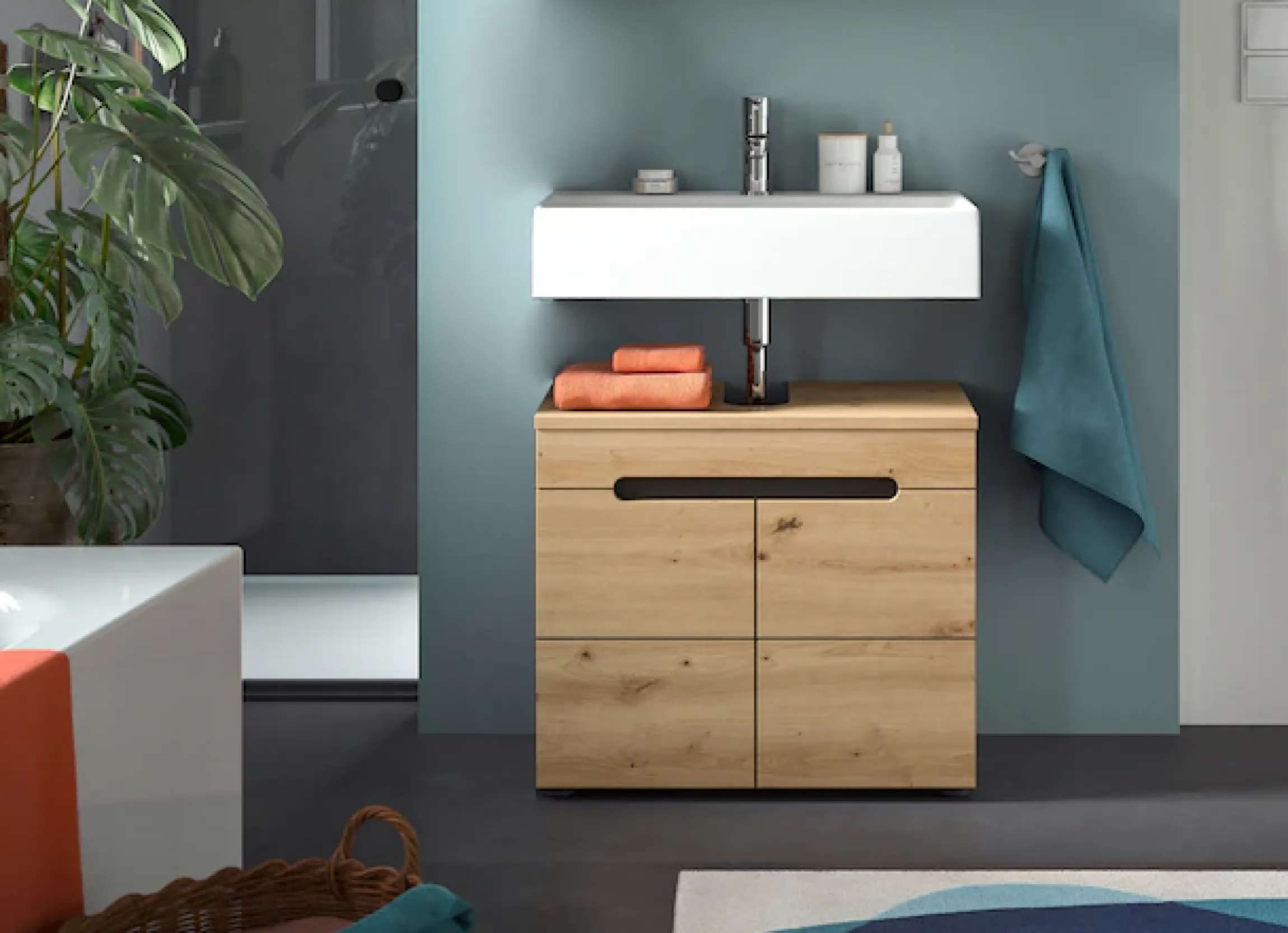 welltime Waschbeckenunterschrank »REHAT, Breite 63 cm, 2 Türen, Einlegeboden, mit Siphonausschnitt« Soft-Close-Funktion, eingefasste Griffaussparung in der Front
