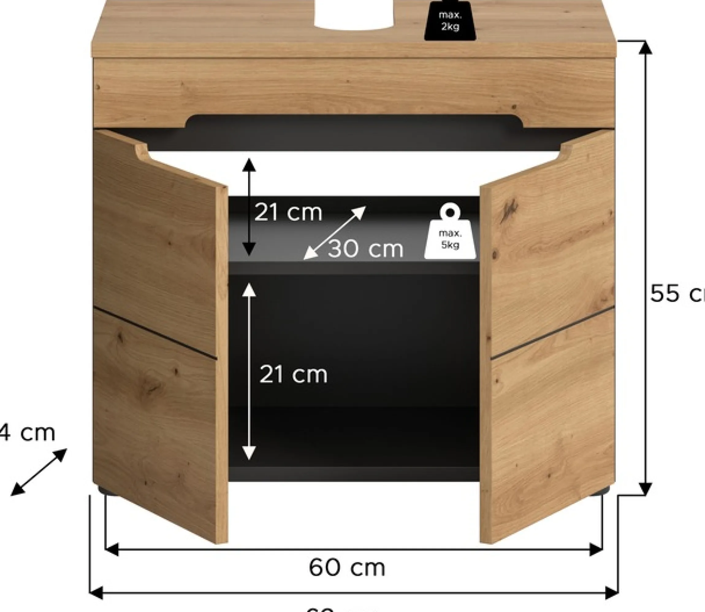 welltime Waschbeckenunterschrank »REHAT, Breite 63 cm, 2 Türen, Einlegeboden, mit Siphonausschnitt« Soft-Close-Funktion, eingefasste Griffaussparung in der Front