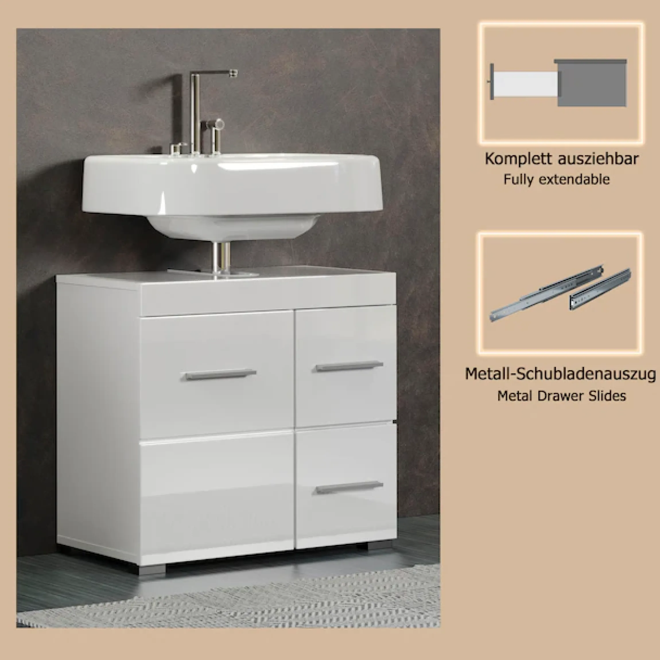 welltime Waschbeckenunterschrank »Avena« 1 Stk. tlg. Badezimmerschrank mit Tür & Schubkästen – (B/T/H) 60/34/56 cm