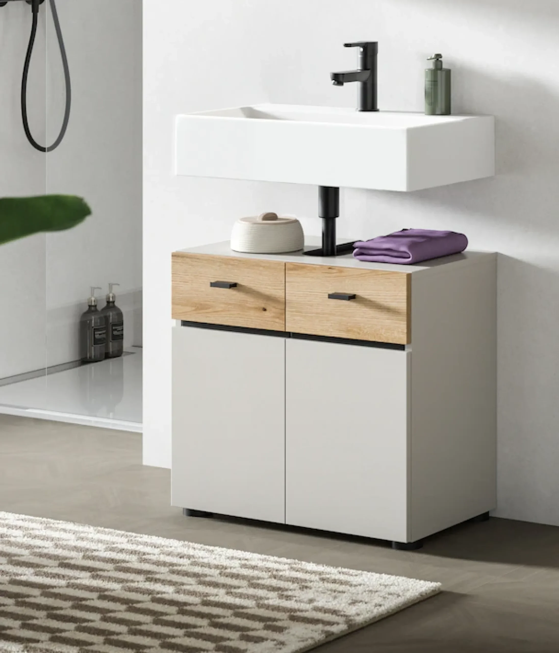 welltime Waschbeckenunterschrank »VANN, Breite 60cm, 2 Türen, 2 Fächer, mit Siphonausschnitt« individuell mit weiteren Artikel der Serie VANN kombinierbar,Waschtisch, Waschbeckenschrank, Kommode, Schrank, Badezimmer, Bad